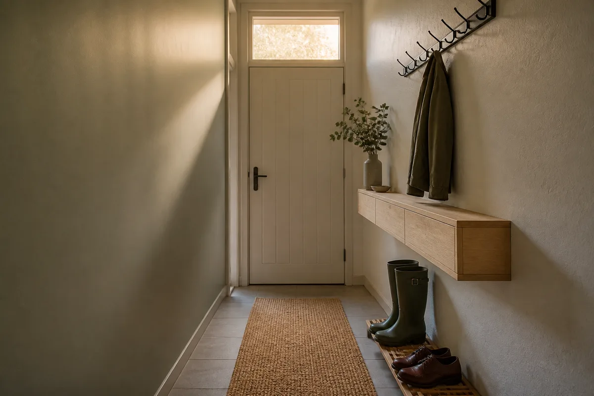 Entrée normande étroite avec console murale fine et patères en bois clair