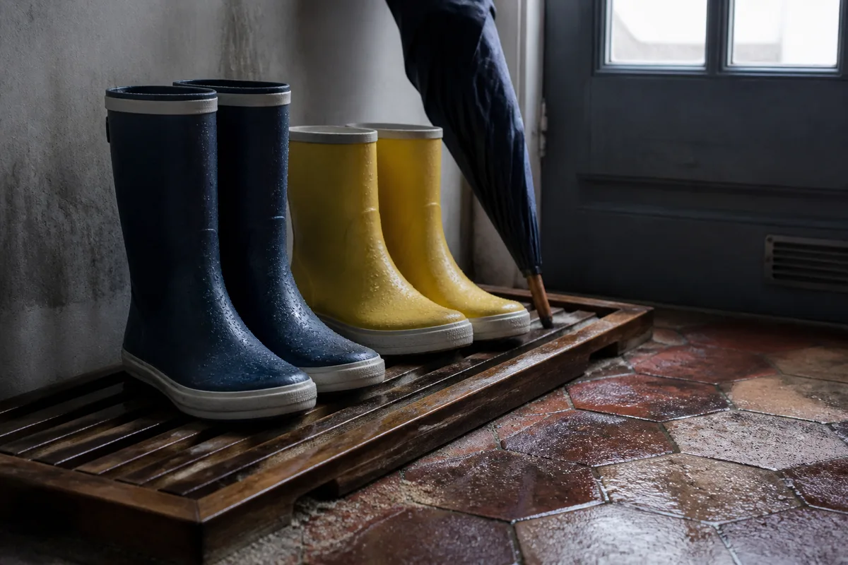 Sol en tomettes anciennes et bottes de pluie près d’une porte d’entrée normande