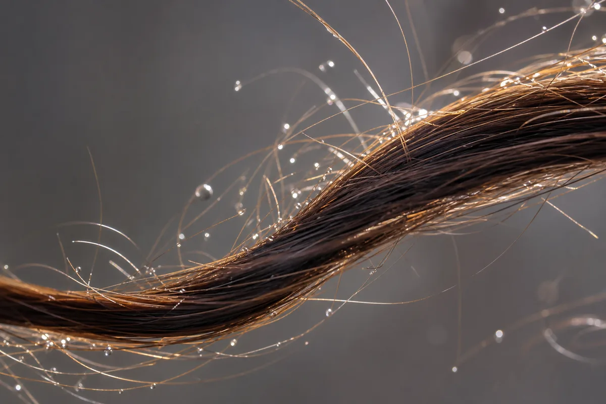 Mèche de cheveux longs soulevée par le vent devant un ciel gris de bord de mer