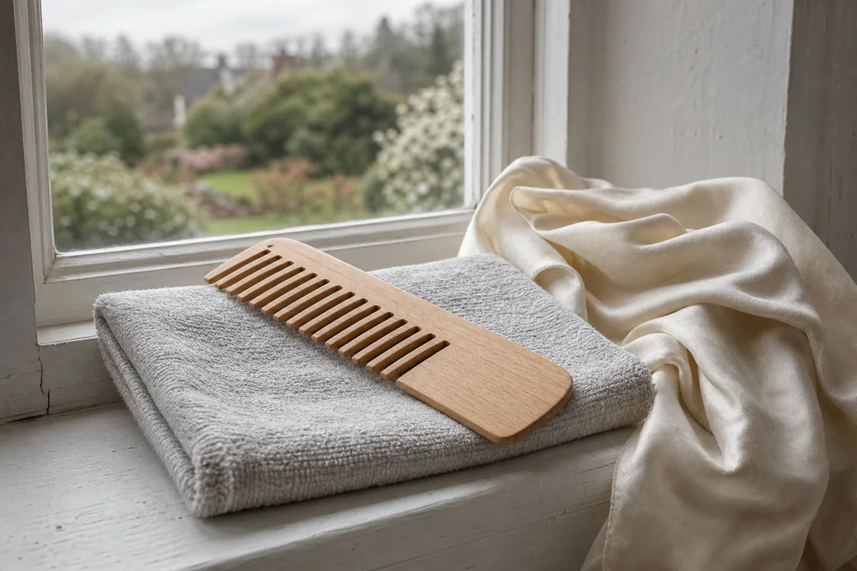 Peigne en bois à dents larges et serviette en microfibre pliée sur un rebord de fenêtre