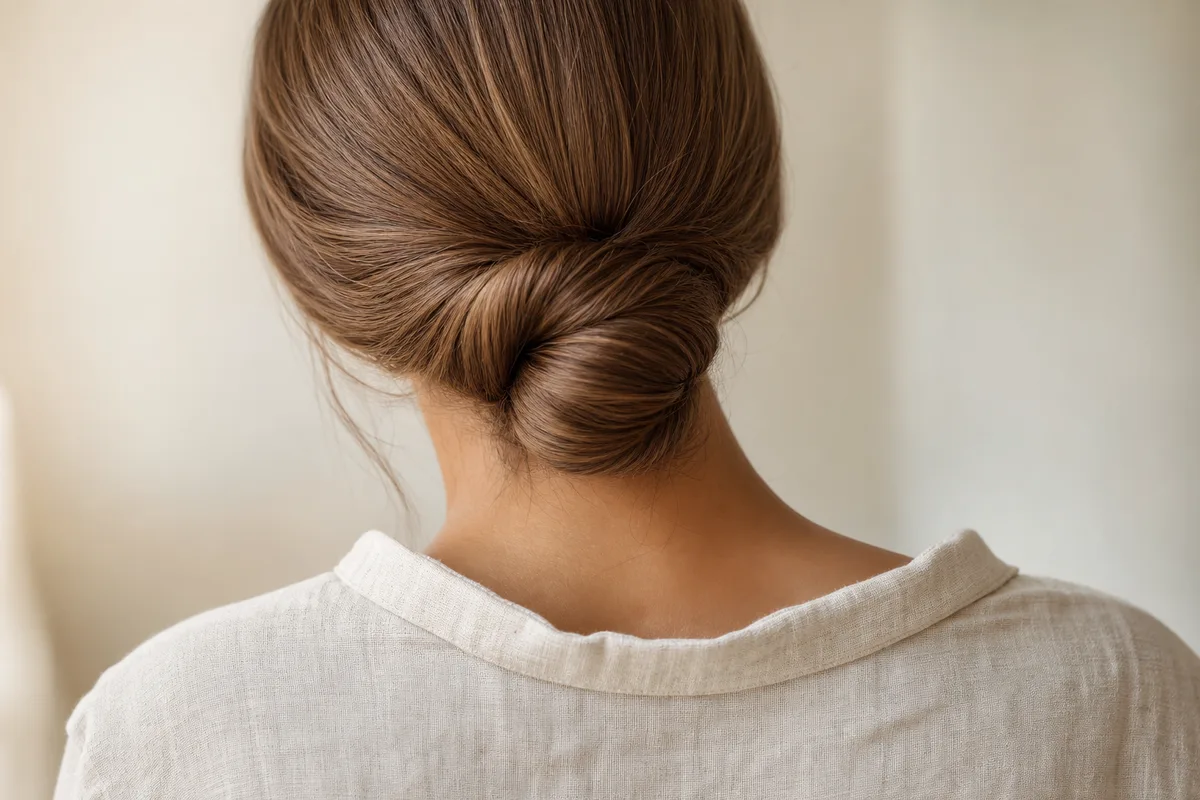 Chignon bas soigné vu de dos, lumière douce du matin dans une pièce claire