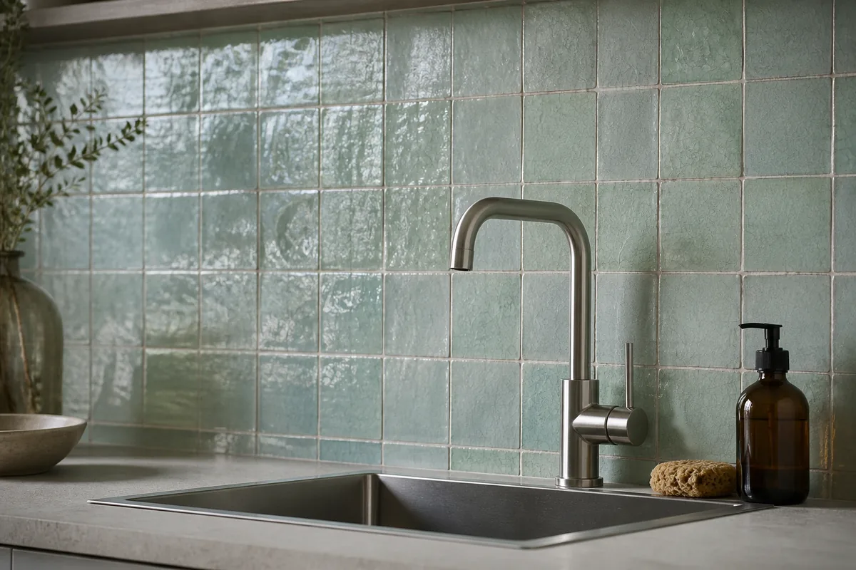 Détail d’une crédence en zellige vert d’eau posée derrière un évier avec robinetterie en inox brossé