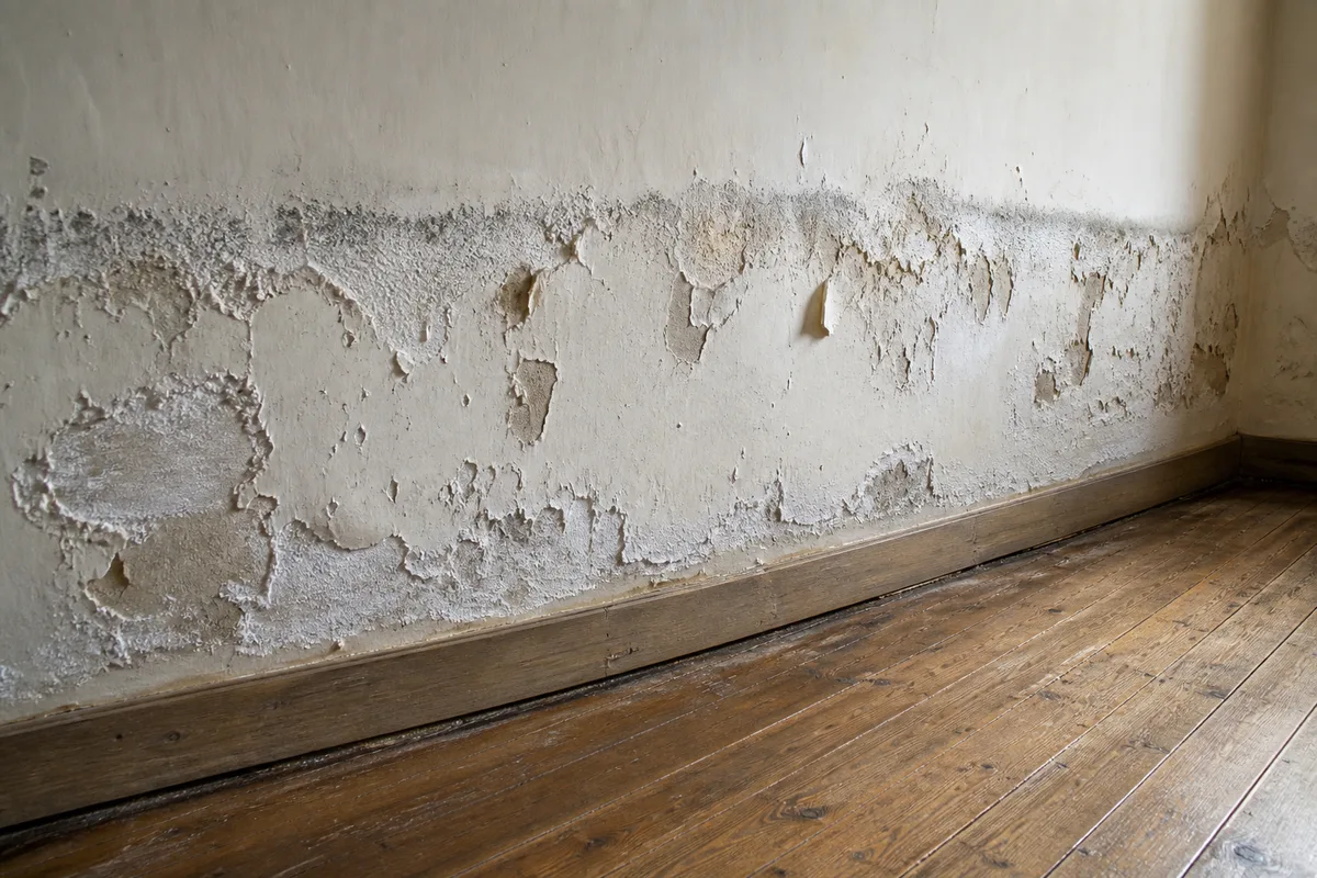 Bas de mur intérieur marqué par un front d&rsquo;humidité horizontal et des traces de salpêtre