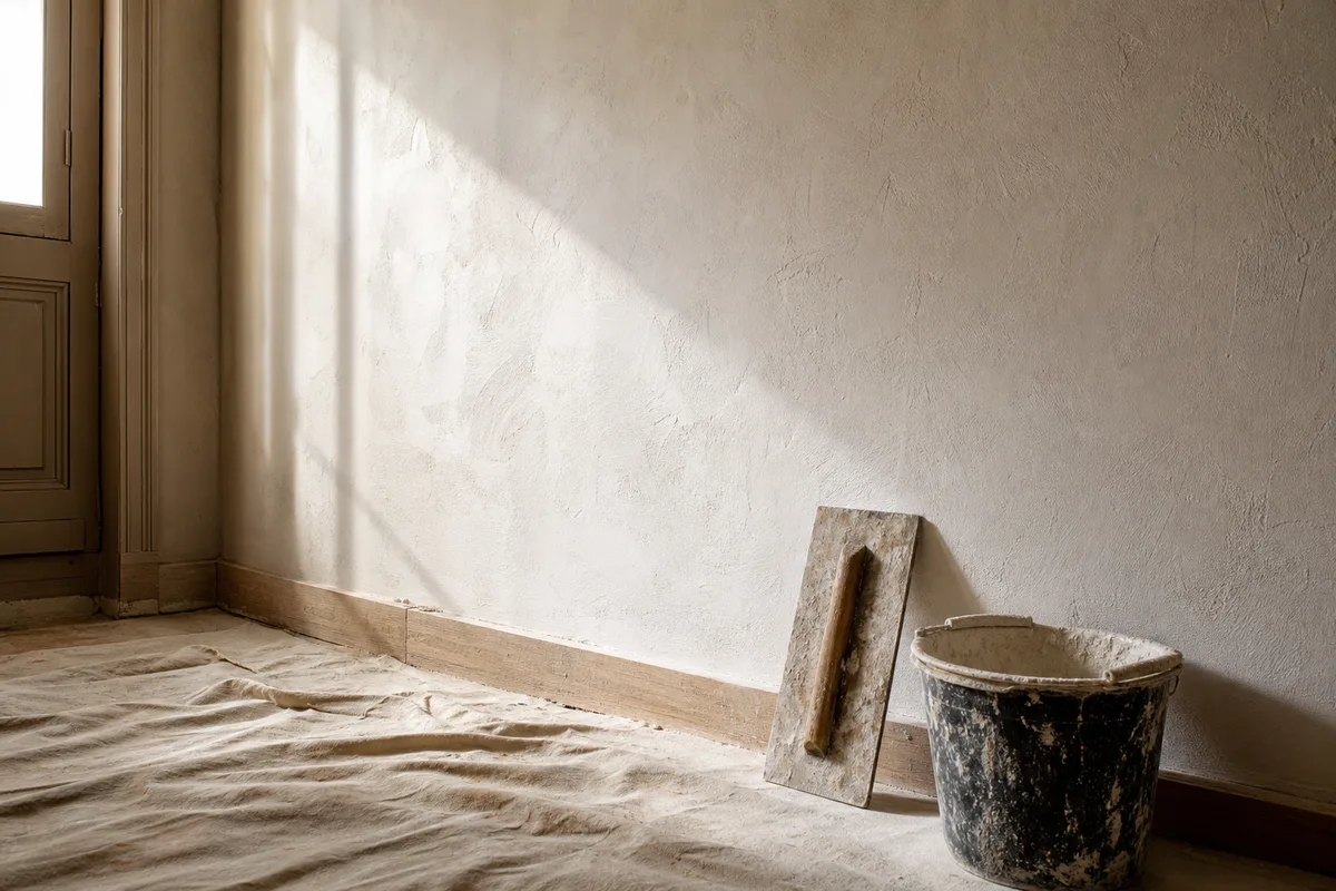 Mur intérieur clair fraîchement enduit à la chaux dans une pièce lumineuse