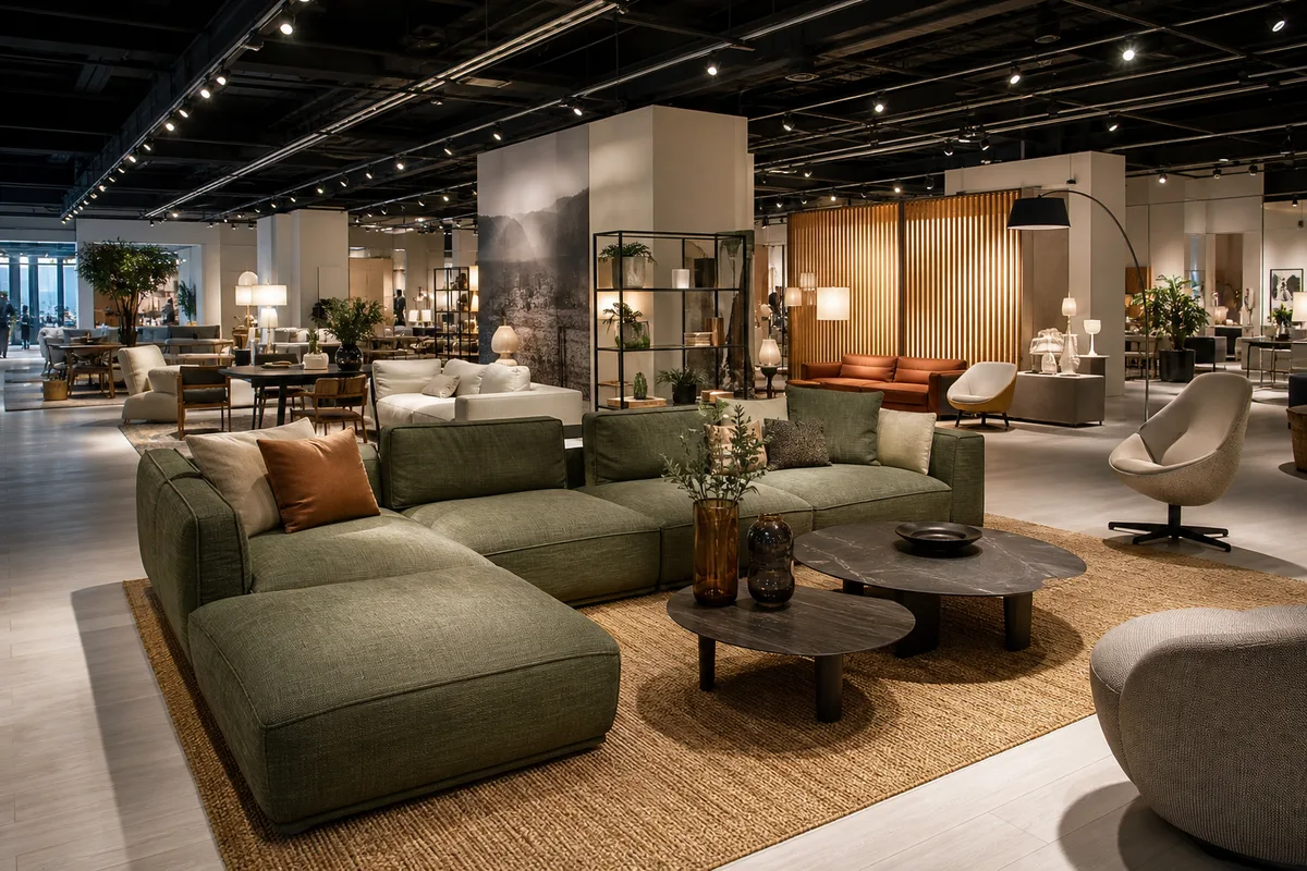 Showroom de mobilier contemporain aux tons clairs avec canapés et luminaires design