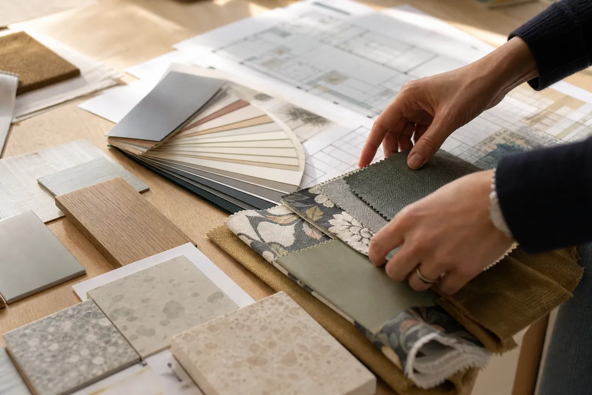 Décoratrice composant une planche d’ambiance avec échantillons de tissus et nuancier de couleurs