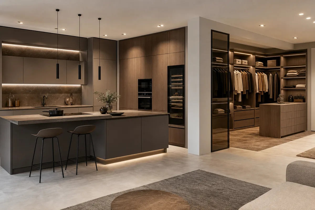 Espace showroom présentant une cuisine équipée sur mesure et un dressing agencé