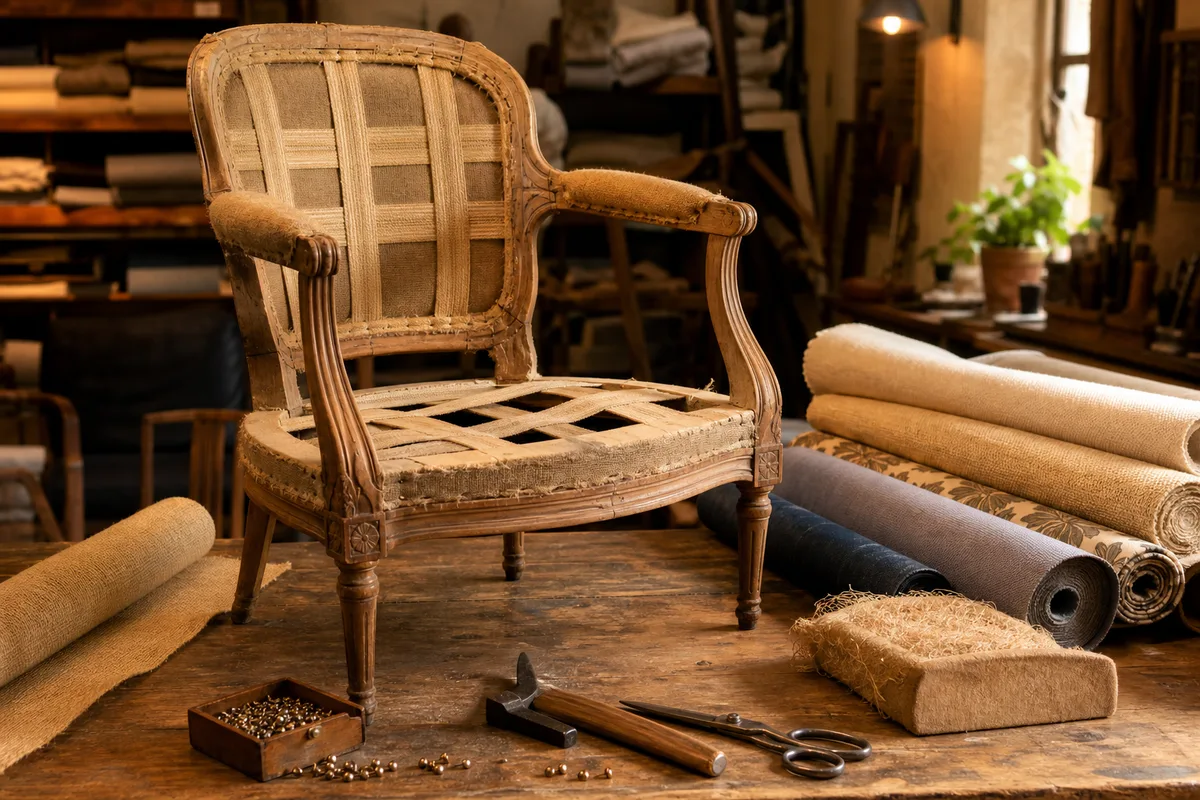 Atelier de tapisserie avec un fauteuil ancien en cours de garnissage et rouleaux de tissus d’ameublement