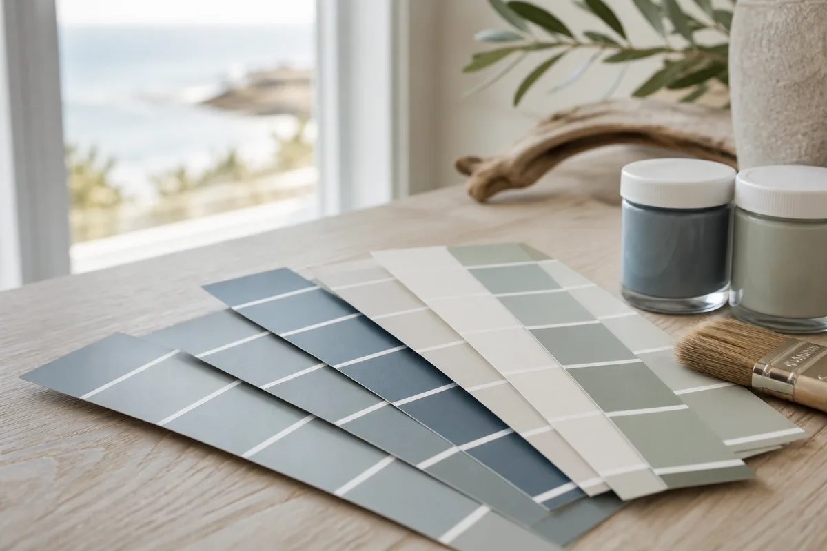 Nuancier de peinture aux tons bleu grisé et blanc cassé posé sur une table en bois clair