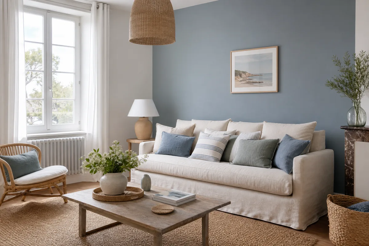 Salon lumineux fraîchement repeint en blanc cassé avec un mur d’accent bleu grisé, canapé en lin écru
