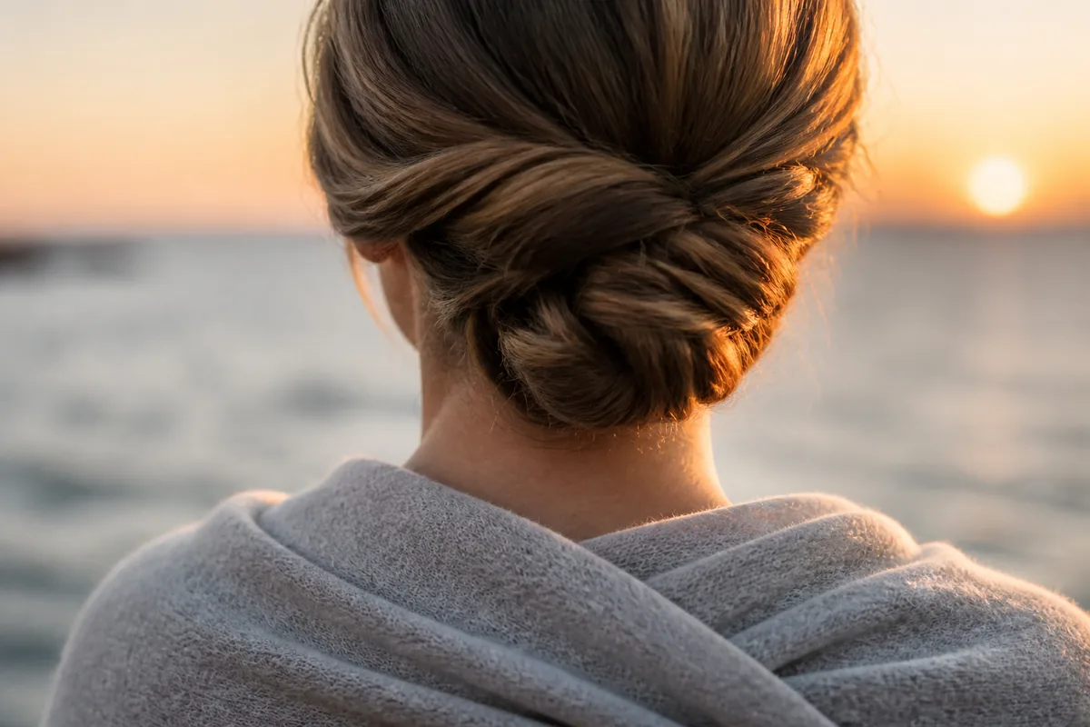 Chignon bas structuré et étole de laine fine sur les épaules face à la mer en fin de journée